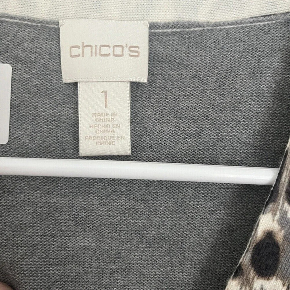 Chicos Women's Leopard Cardigan M/8 Gray Cotton Blend Sweater Button - Picture 4 of 12